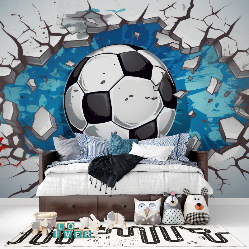 Sports bar interior with 3D soccer ball breaking through wall effect
