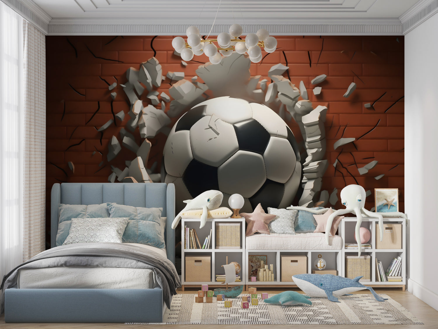Modern 3D football wallpaper in stylish teen bedroom showing geometric white design