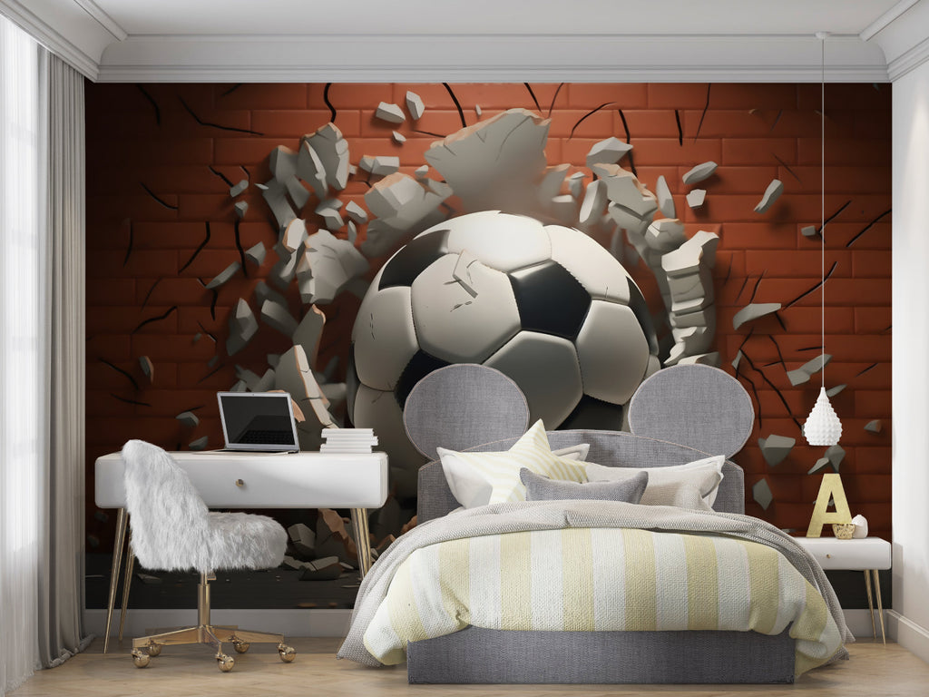 3D soccer wall mural creating depth in contemporary living room space