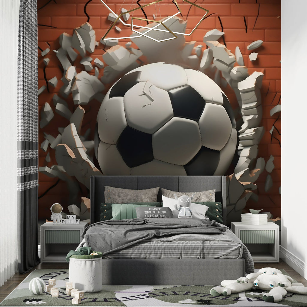 White 3D soccer design mural installed in modern game room setting