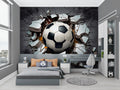 Football mural wallpaper in modern teen bedroom showing 3D graffiti soccer ball design