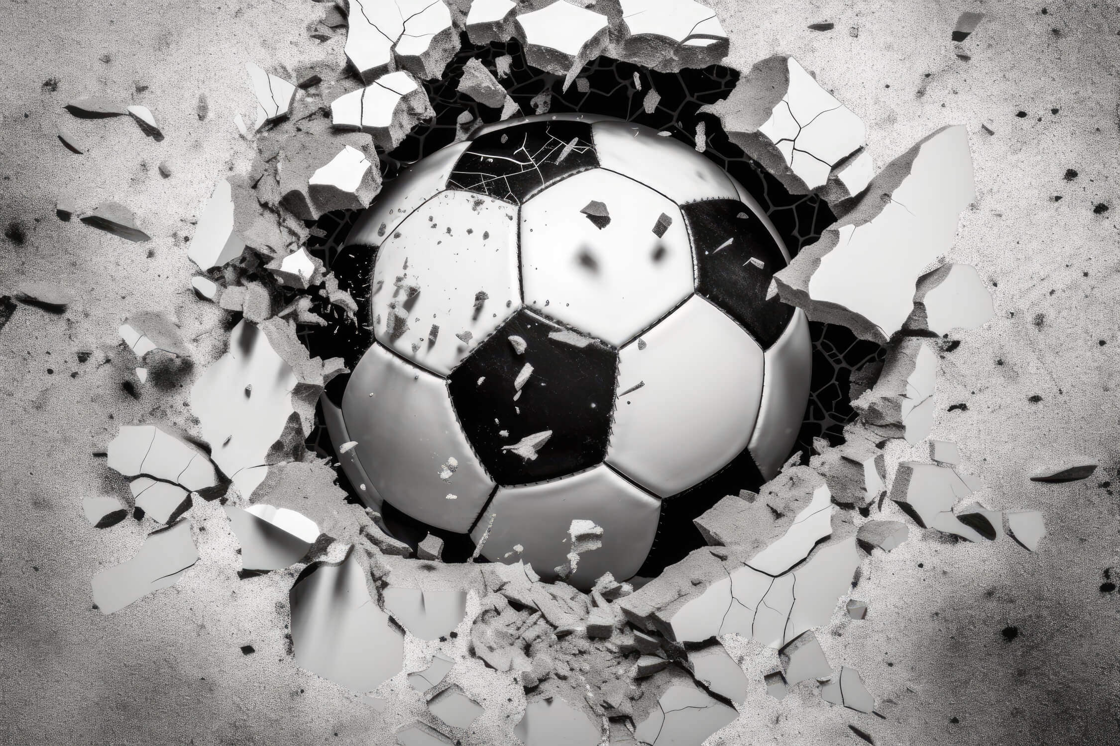 High-resolution design file of 3D soccer ball breaking through concrete wall pattern