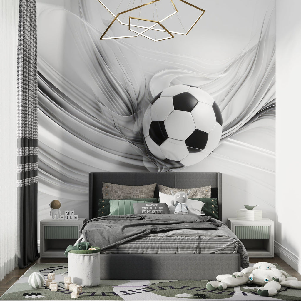 Soccer ball wallpaper design showcased in modern sports bar setting