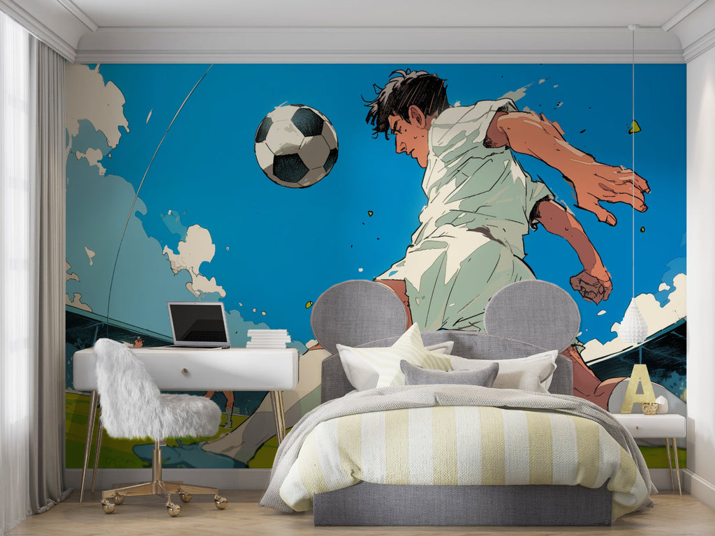 Anime soccer wallpaper bringing energy to a game room with players in action