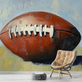 Football wall mural in artistic oil paint style showcased in a modern game room with ambient lighting