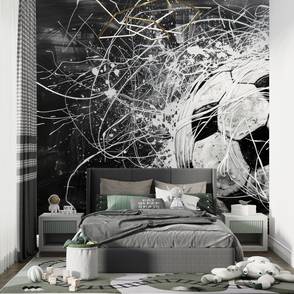Dynamic football wallpaper in home gym, bold black and white sports pattern