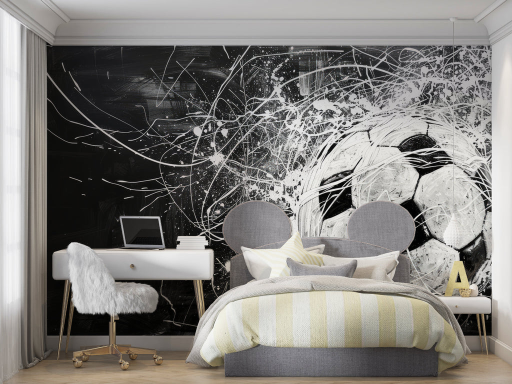 Modern soccer mural in entertainment space, contemporary black and white design