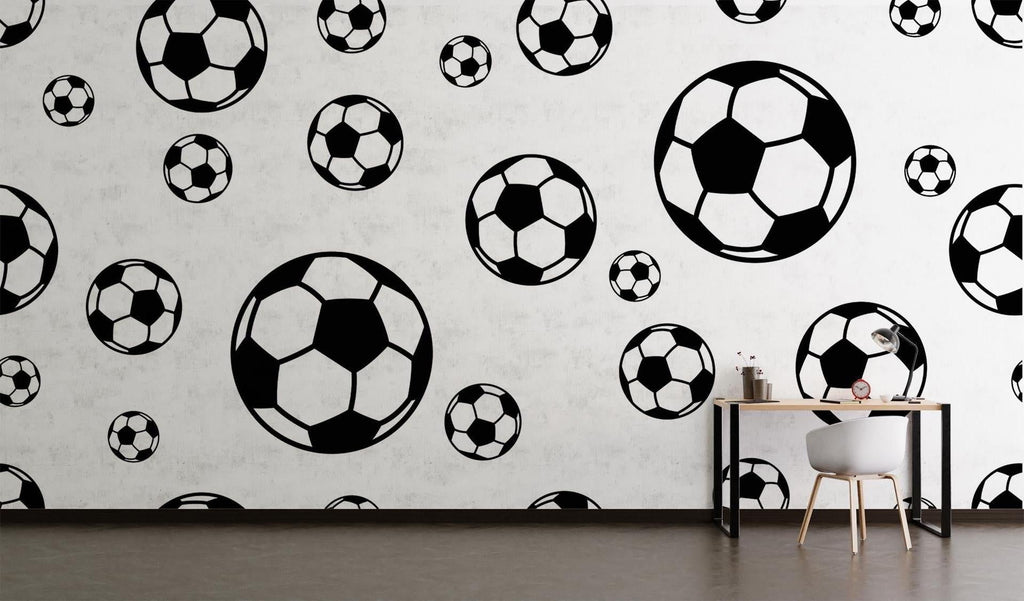 Football wallpaper mural in modern teen bedroom showing black and white soccer ball pattern creating depth
