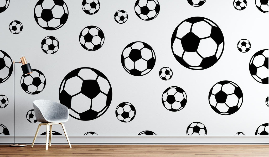 Soccer ball wall mural displayed in game room with contemporary furniture and lighting