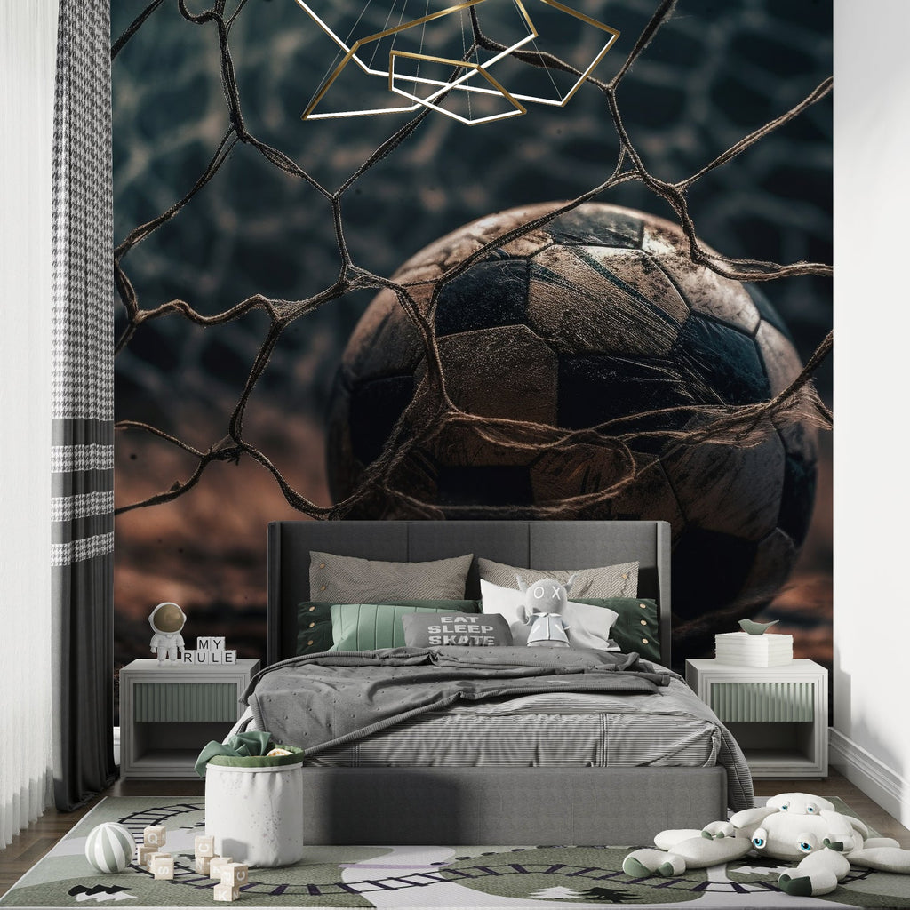 Soccer themed wall mural displayed in gaming room with ambient lighting
