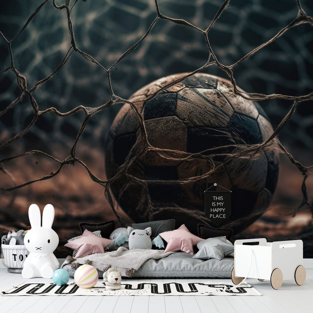 Football wall mural creating depth in contemporary living space