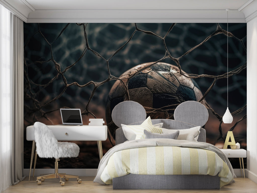 Black and white football mural installed in modern home office