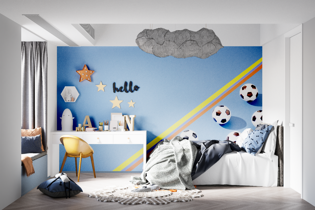 Football wallpaper in modern teen bedroom showing vibrant blue design with rainbow accents