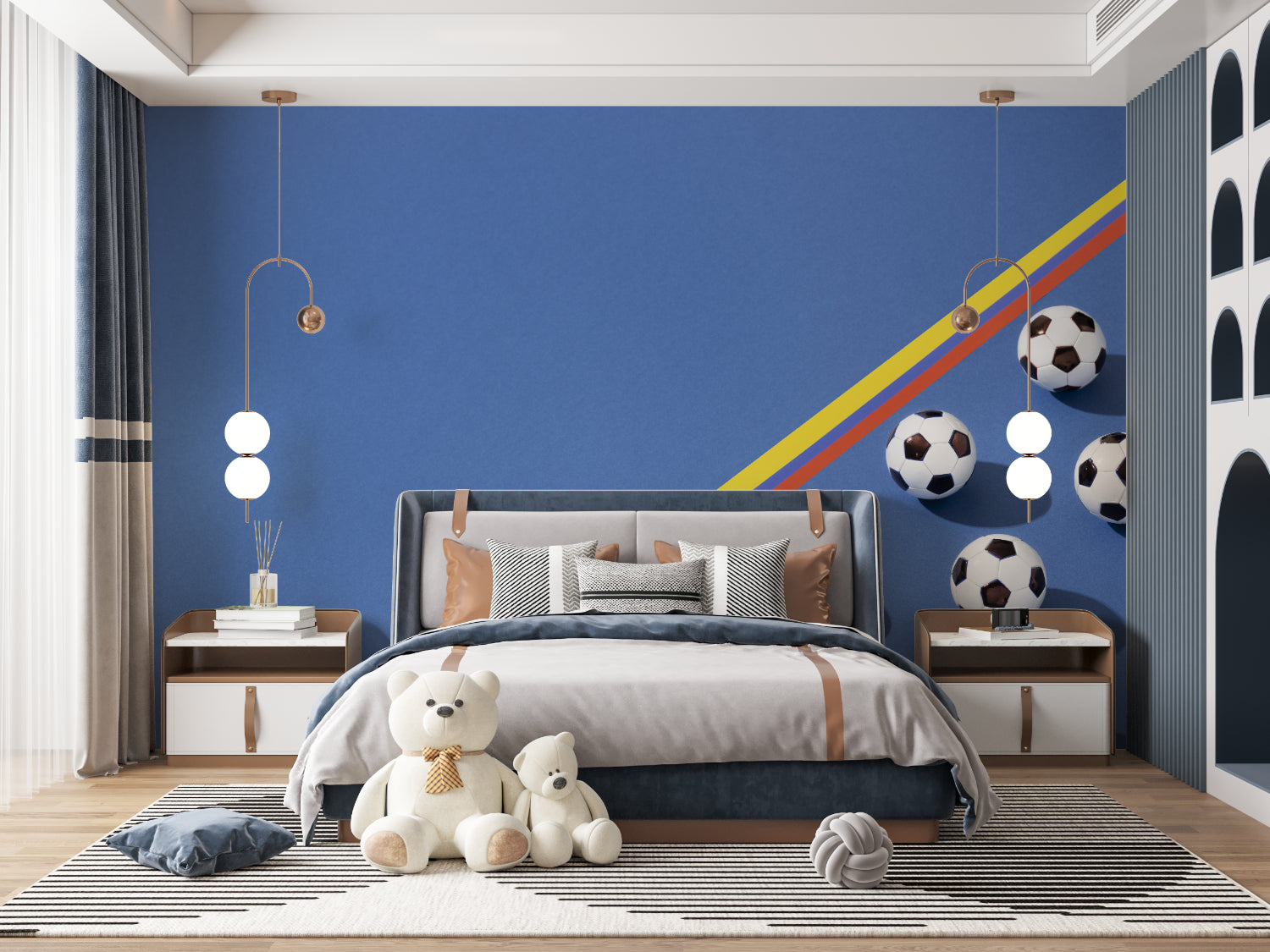 Sports themed wall mural in playroom with dynamic football pattern