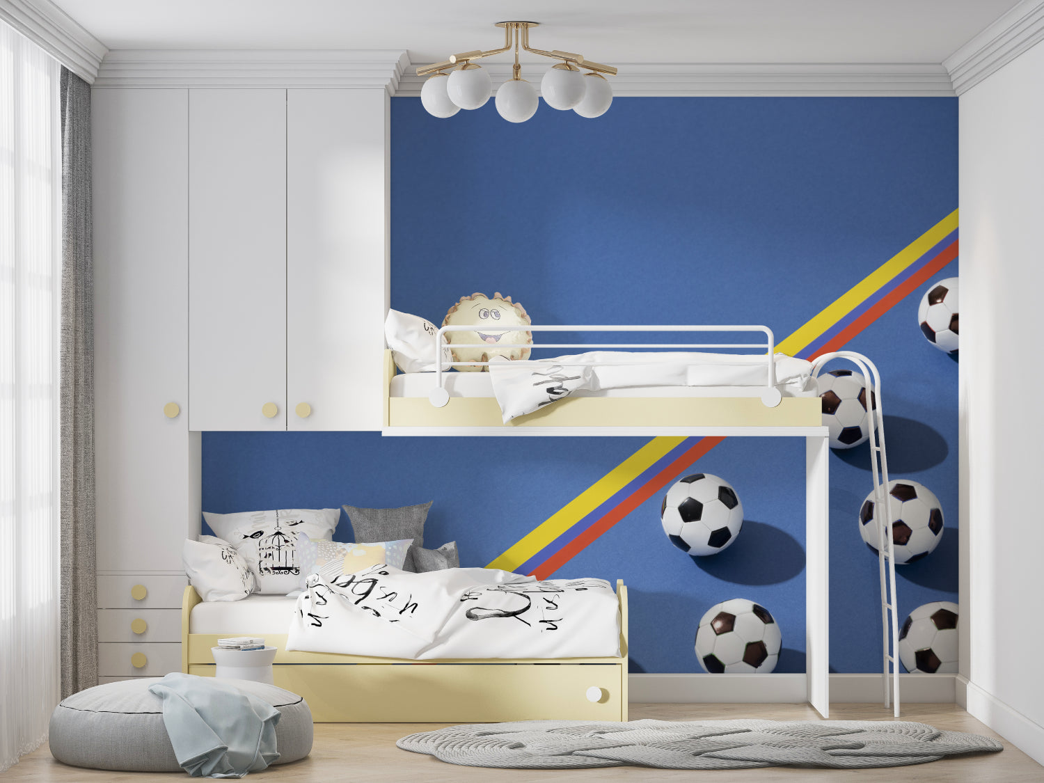 Soccer themed wallpaper in modern home office space