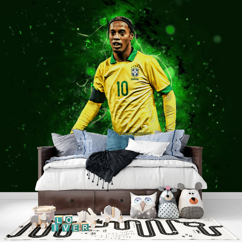 Soccer wall mural bringing energy to modern living room entertainment area