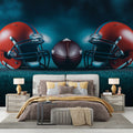 Football mural wallpaper displayed in modern sports bar showing red helmets and leather football design against blue backdrop