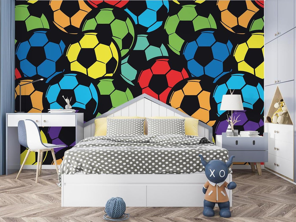 Football wallpaper mural creating sporty atmosphere in modern teen bedroom with gaming setup