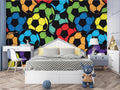 Football wallpaper mural creating sporty atmosphere in modern teen bedroom with gaming setup