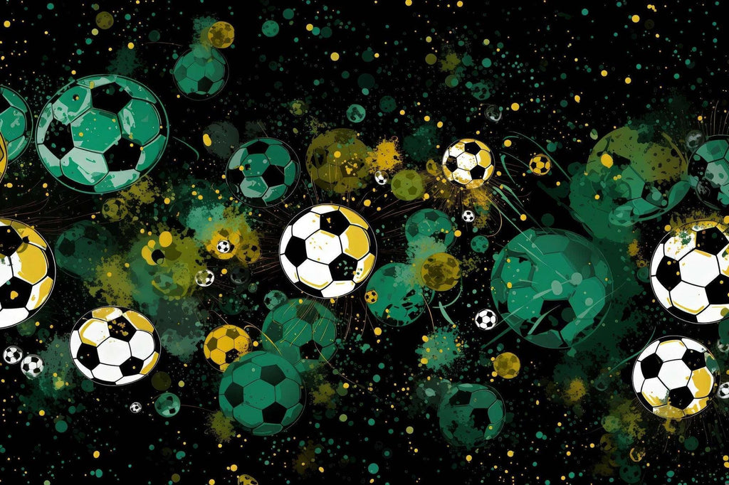 Football wallpaper design file showing detailed cosmic pattern with green and gold soccer balls on black background