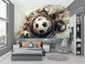 Football abstract wallpaper mural styled in modern teen bedroom with gaming setup