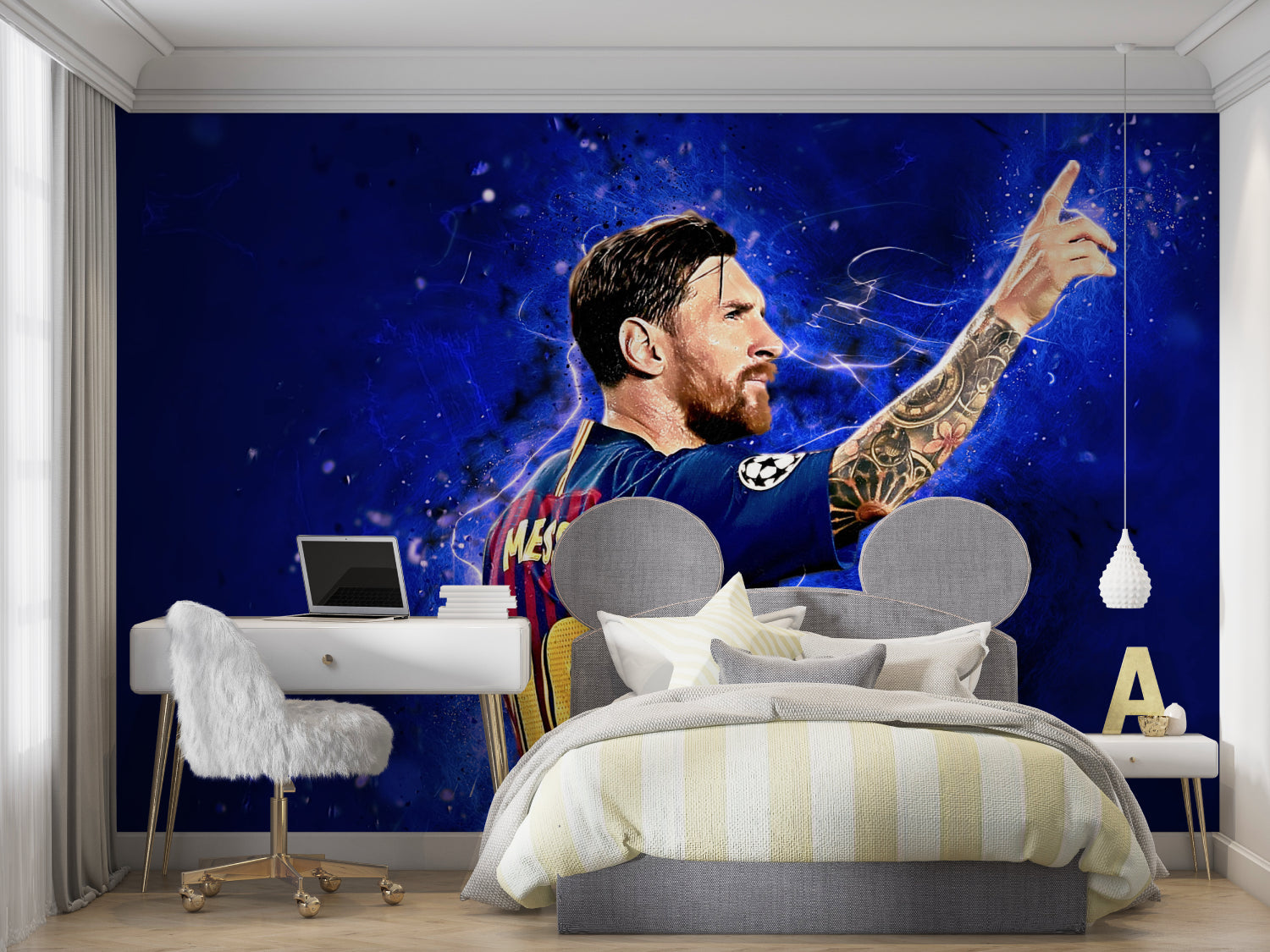Sports themed wallpaper displayed in game room with dramatic lighting