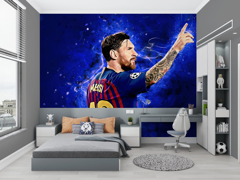 Blue football wallpaper bringing energy to man cave entertainment space