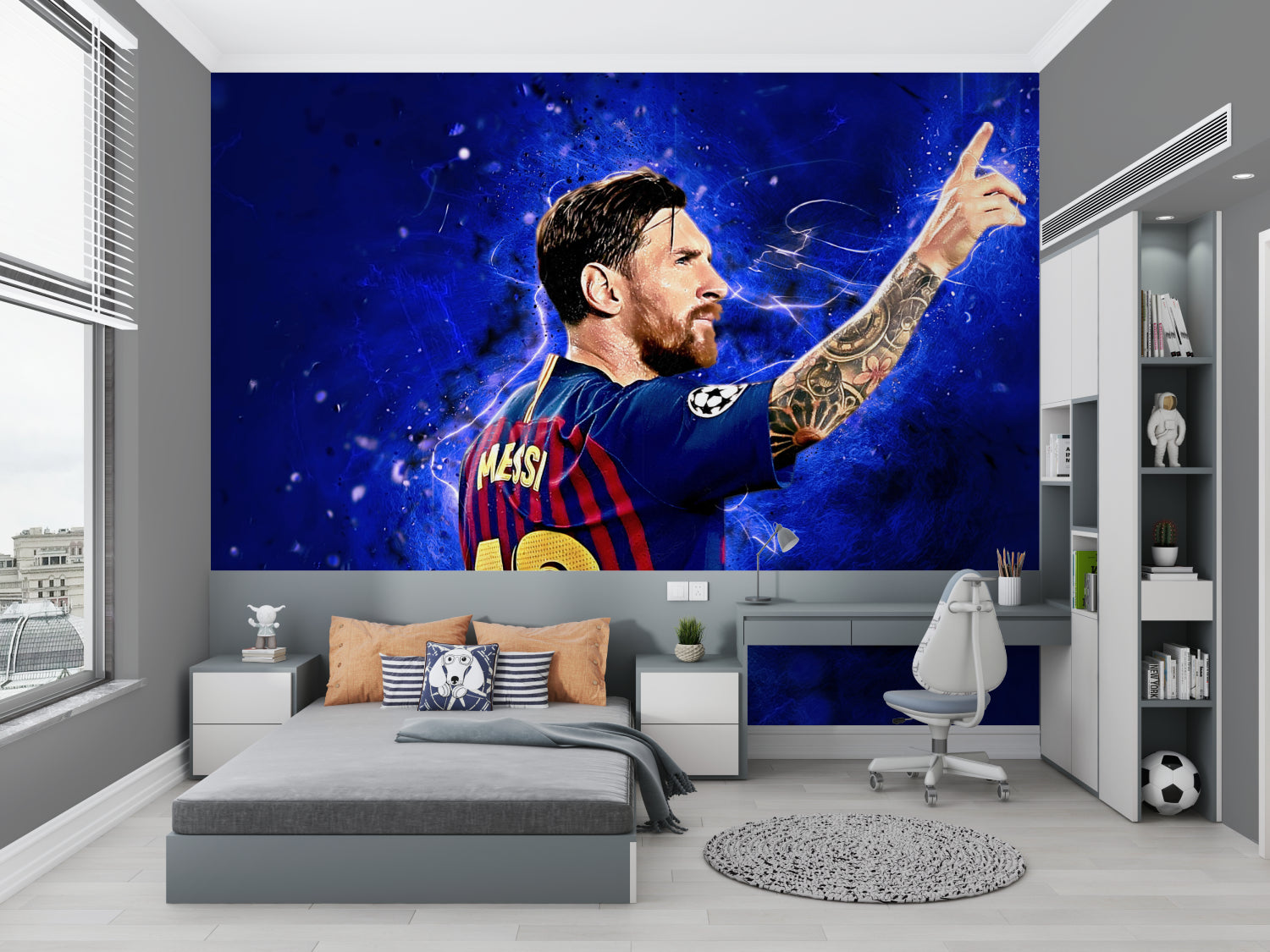 Blue football wallpaper bringing energy to man cave entertainment space