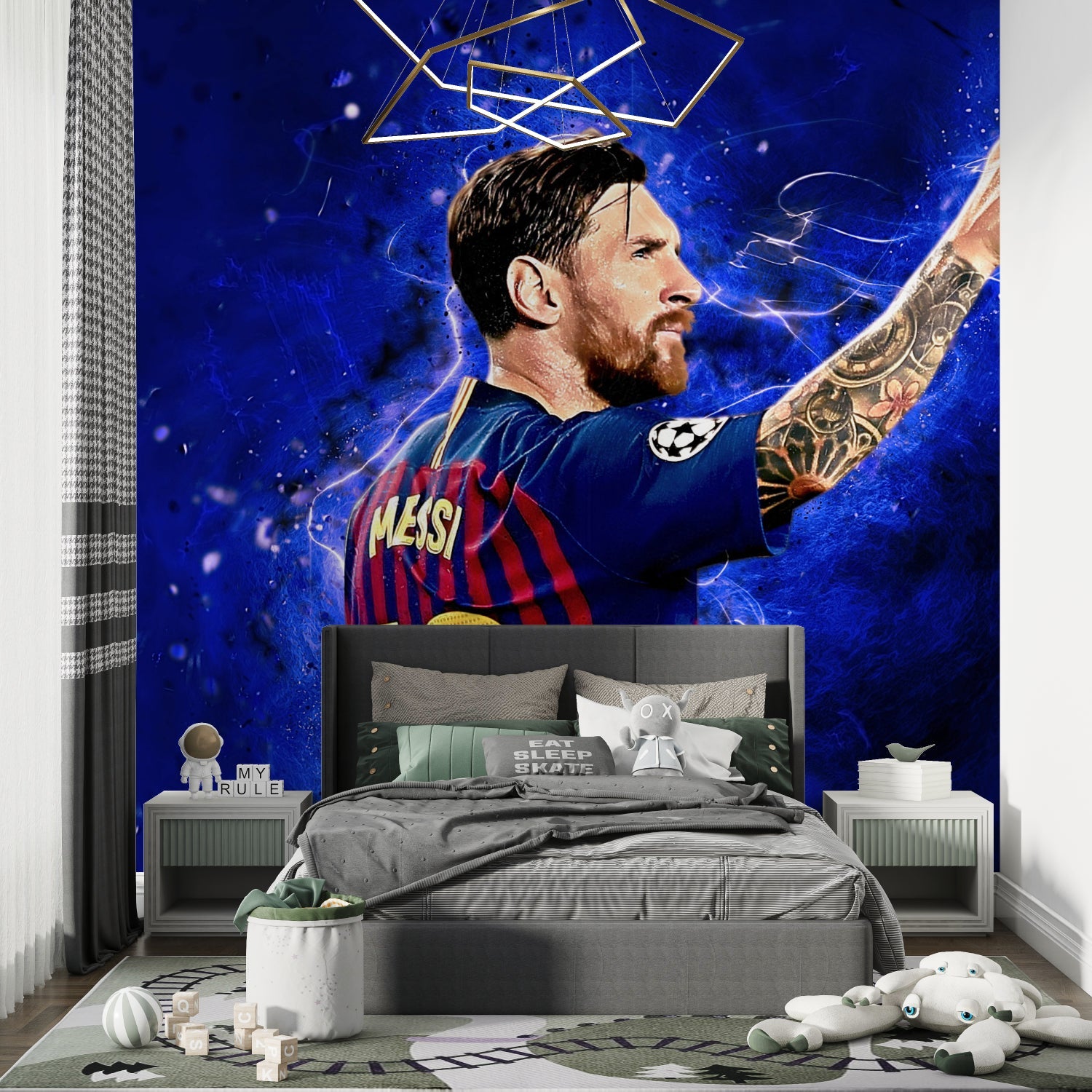 Sports wall mural creating focal point in modern living room setting