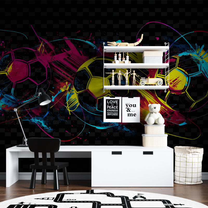 Sports mural wallpaper creating impact in a kids playroom with colorful football pattern
