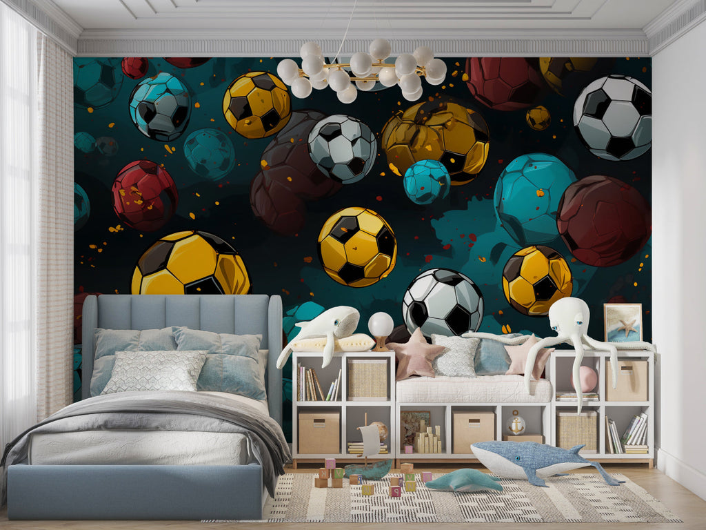 Sports themed wallpaper transforming a game room with dynamic floating footballs