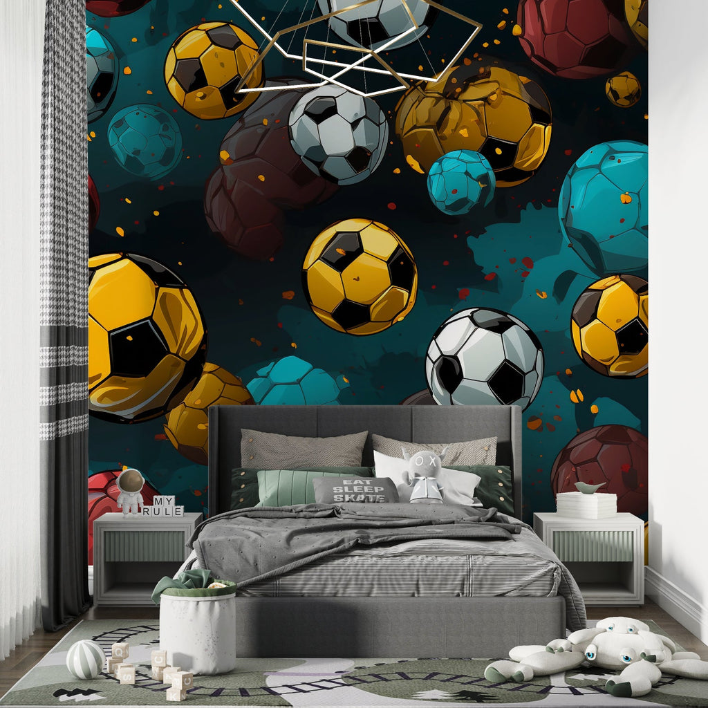 Soccer wall mural creating depth in a kids playroom with teal and gold tones