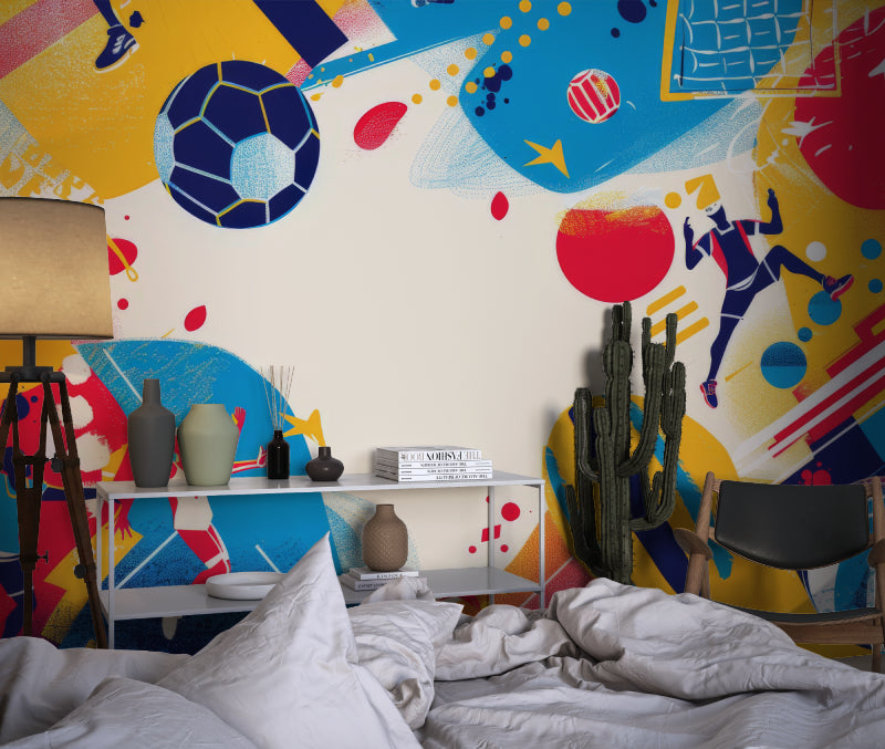 Soccer themed wall mural creating excitement in teenage gaming room