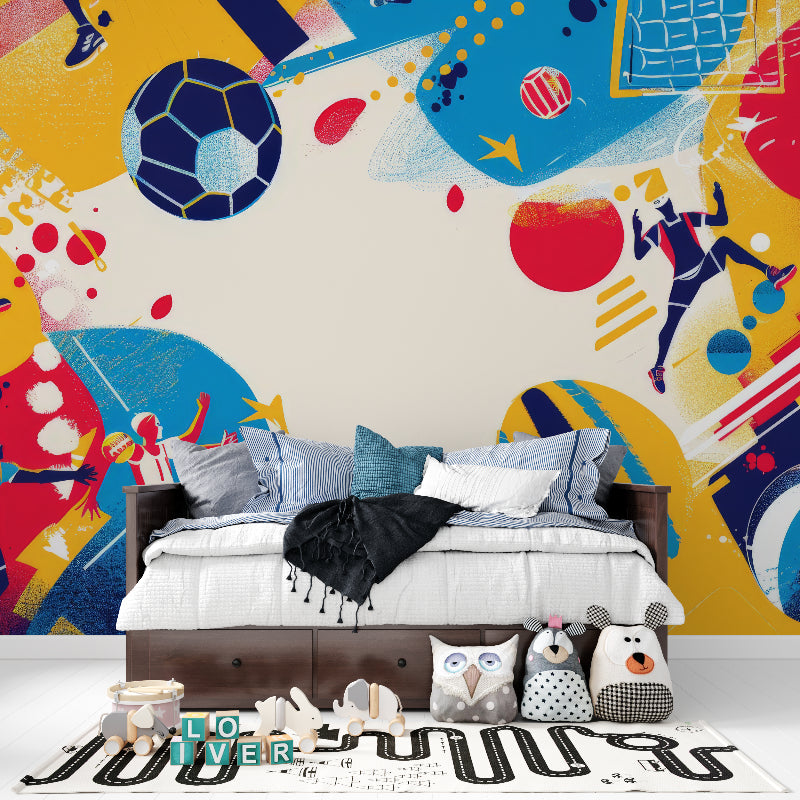 Dynamic football mural displayed in modern family game room