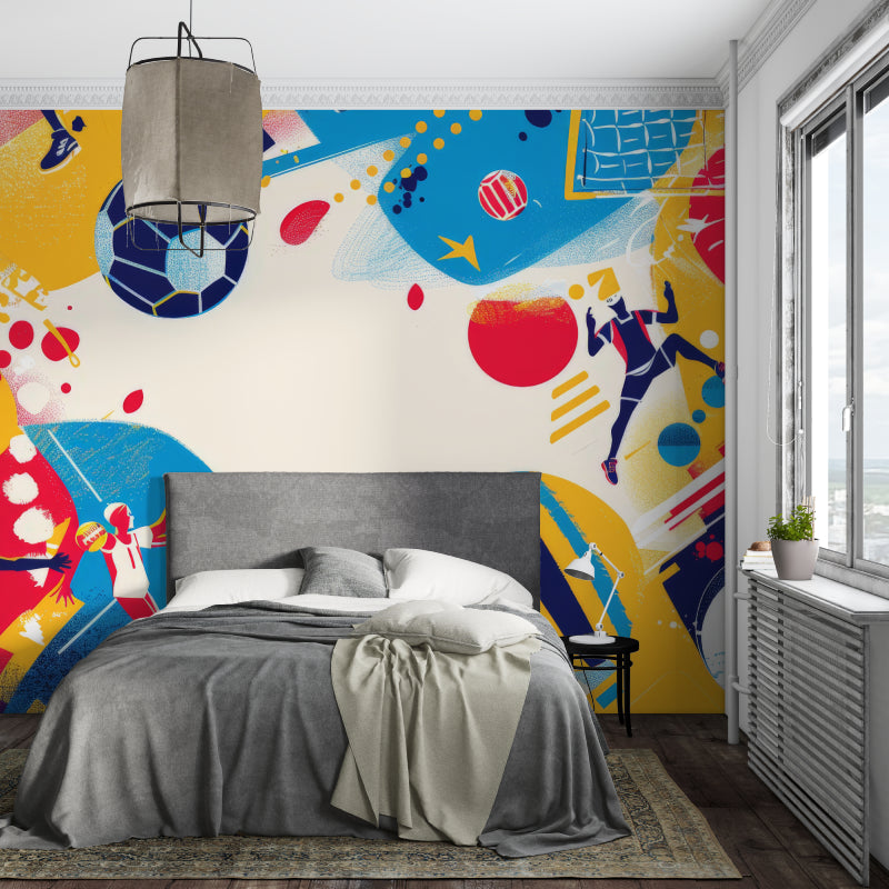 Blue and yellow soccer wallpaper bringing sports atmosphere to child's bedroom