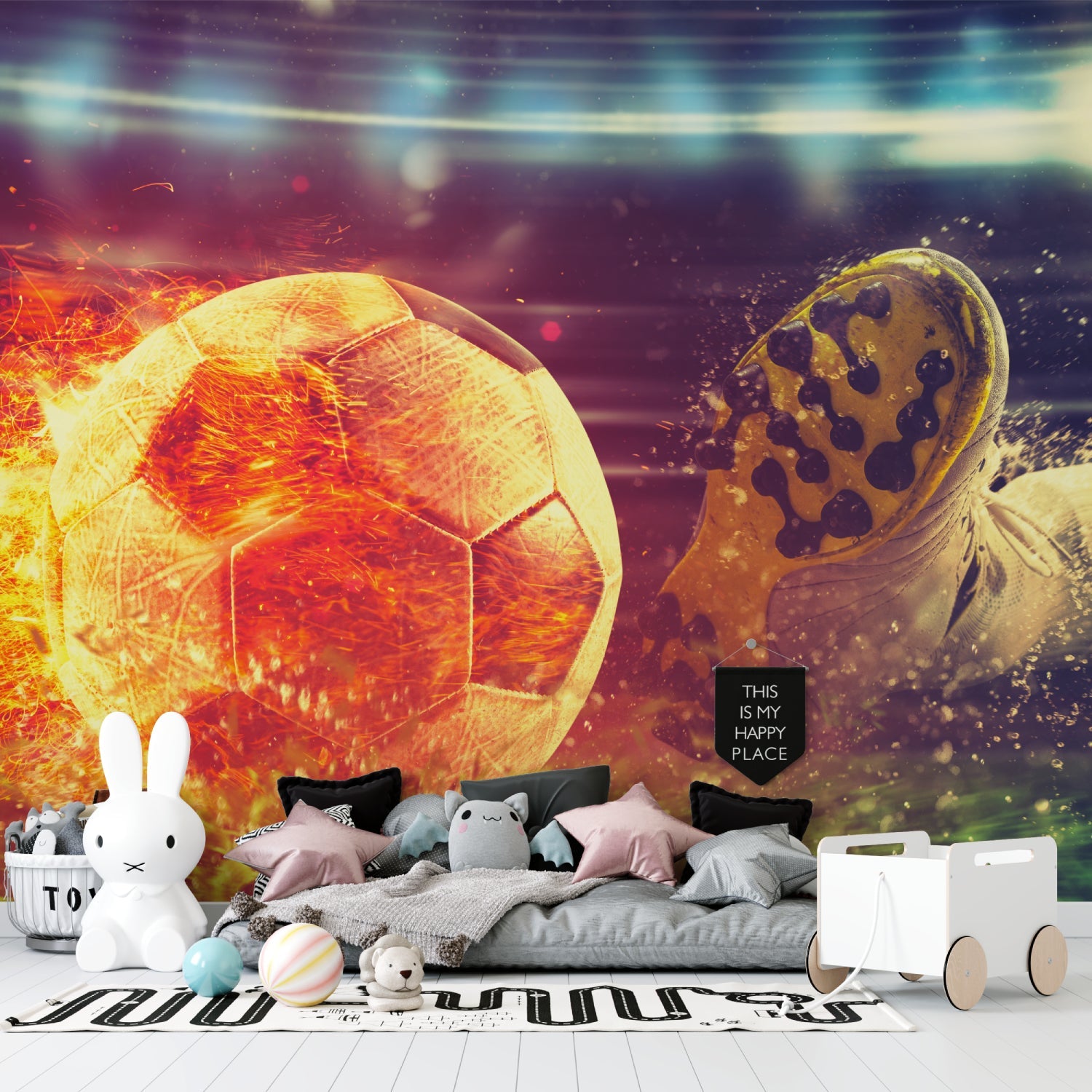 Football themed wallpaper transforming game room with dramatic flame effects