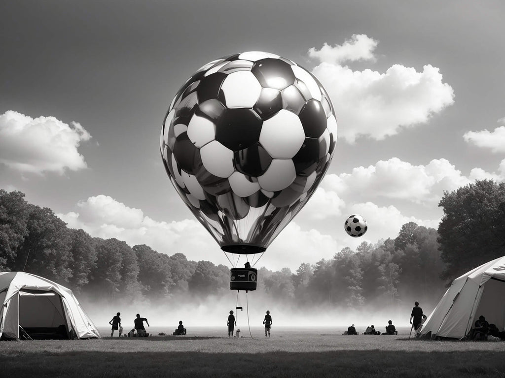 Design file of black and white football hot air balloon pattern with misty sky background