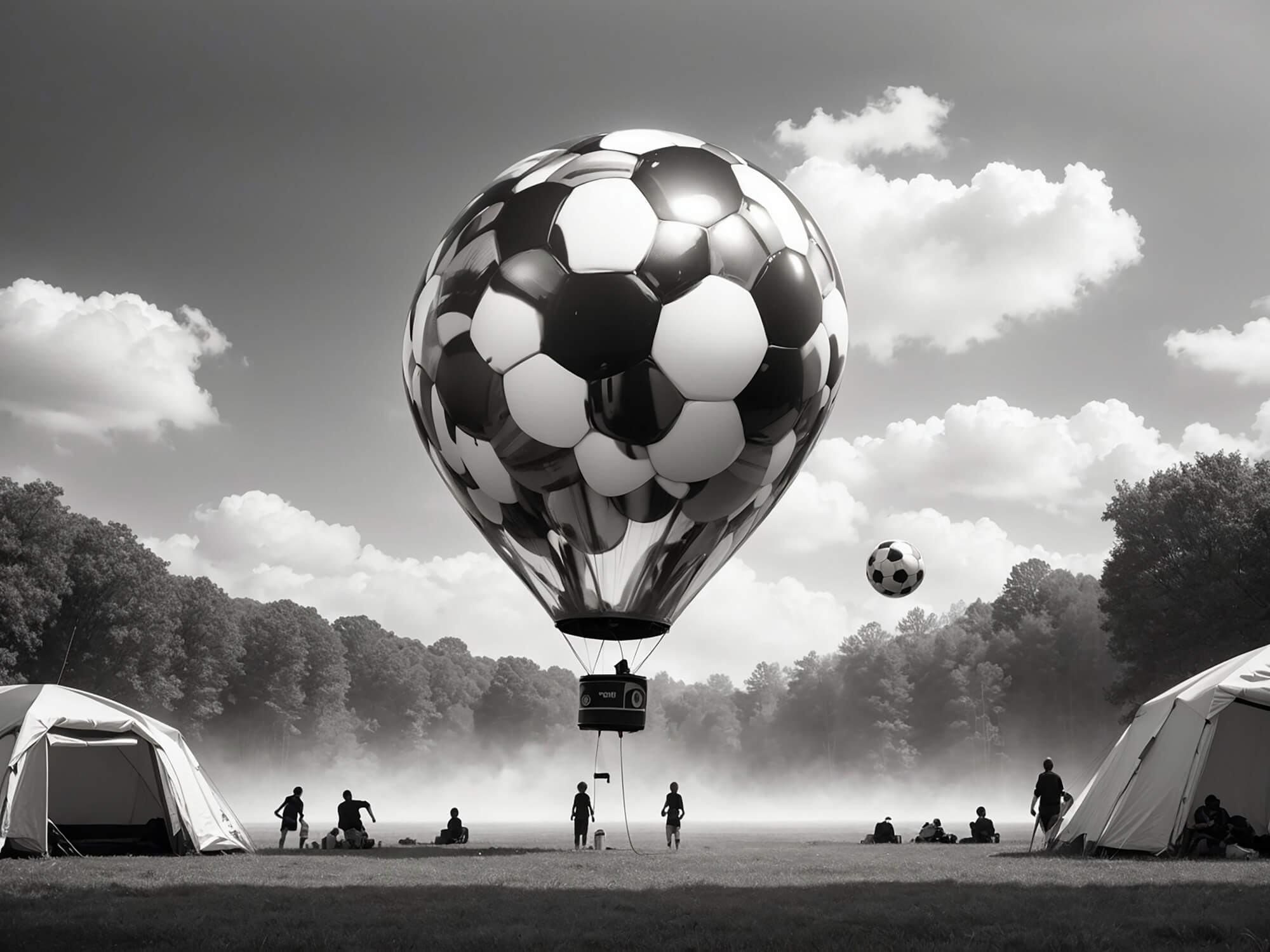 Design file of black and white football hot air balloon pattern with misty sky background