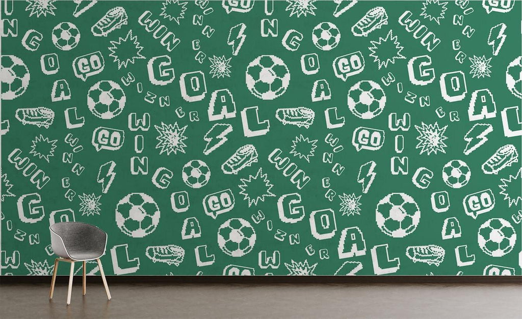 Retro gaming football wallpaper installed in game room with arcade machines and sports memorabilia