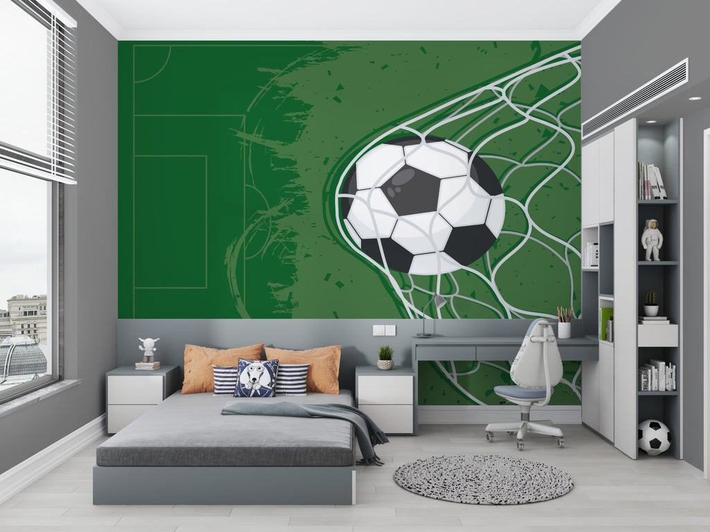 Soccer goal wallpaper mural in modern kids bedroom, creating an exciting sports atmosphere