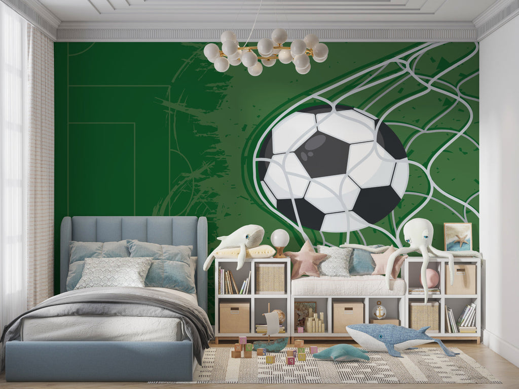 Football wall mural displayed in family playroom, showing dynamic goal scene