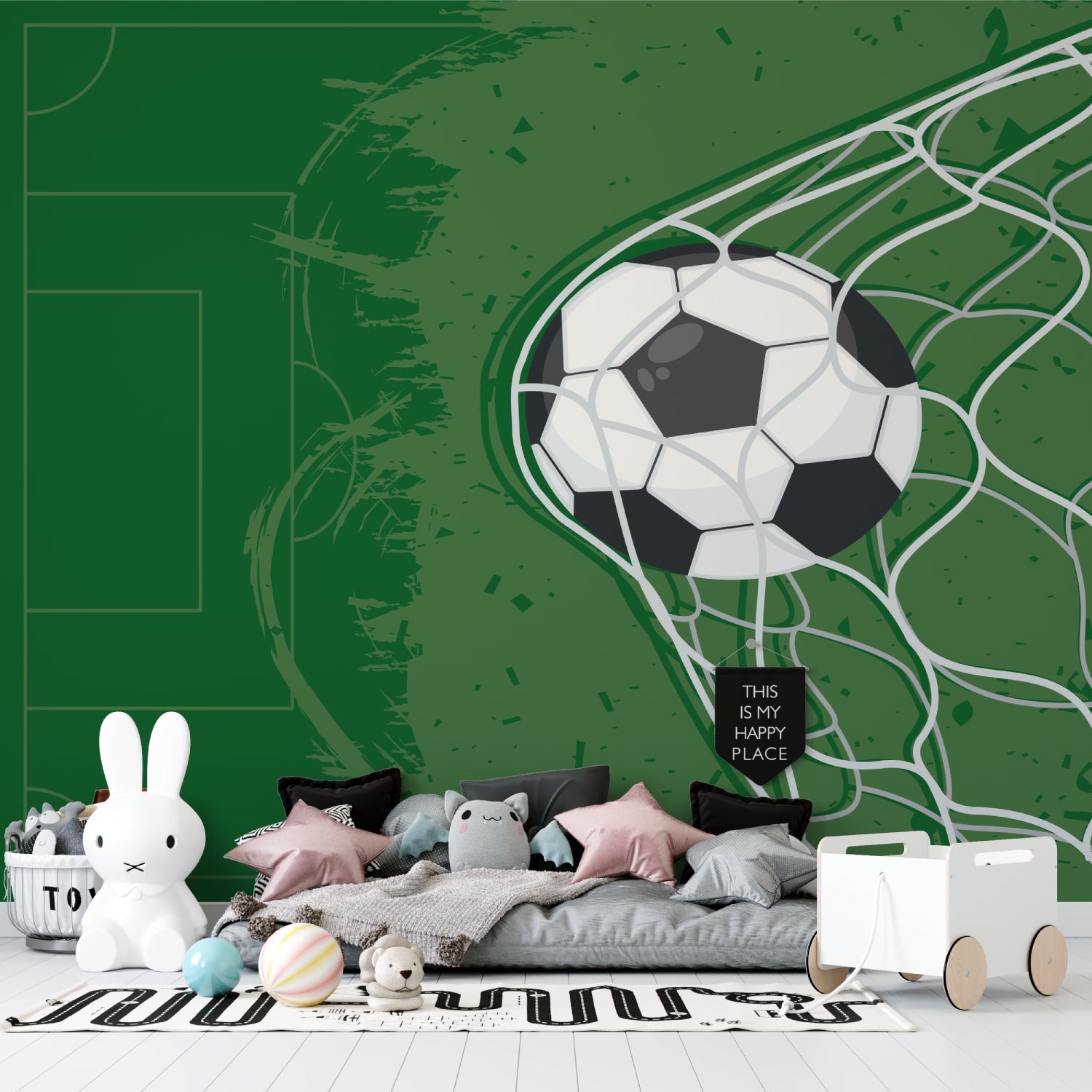 Soccer wallpaper installed in children's study area, showing scale and impact