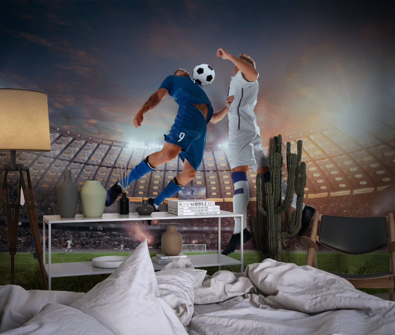 Stadium scene wallpaper creating sports bar atmosphere in basement