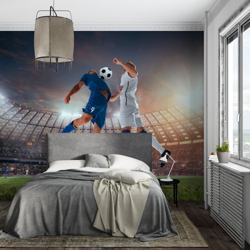 Soccer mural wallpaper adding energy to game room space