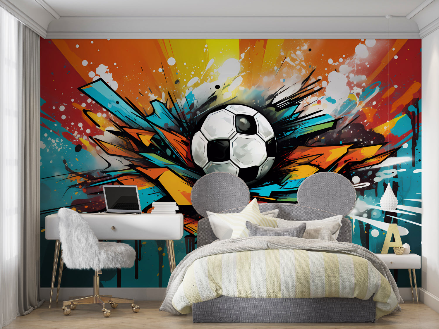 Football wall mural bringing street style to a recreation room