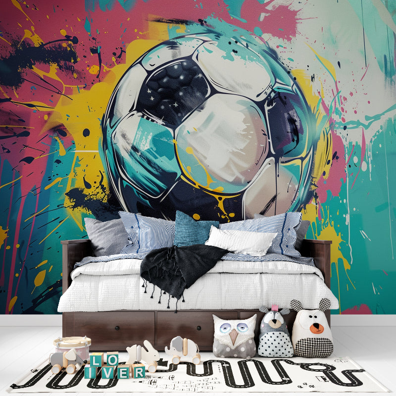Street art football mural in contemporary game room with colorful accents