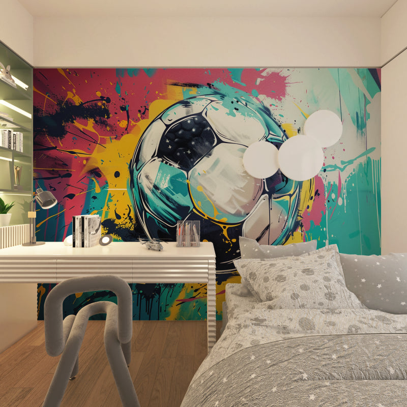 Sports themed wall mural in kids playroom showing urban style football design