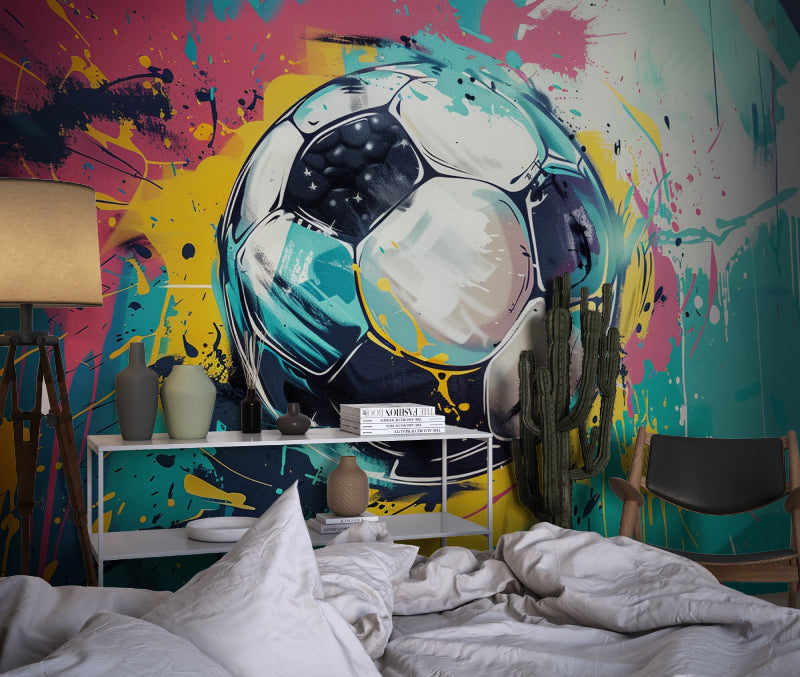 Football wall mural in home gym featuring street art style and splash effects