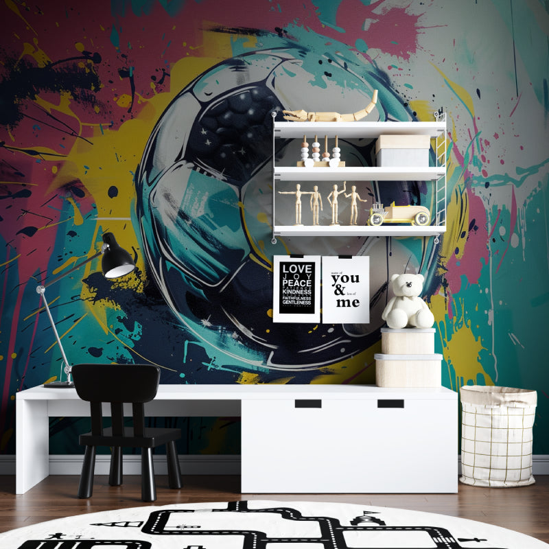 Urban style football wallpaper in modern living room with minimalist furniture