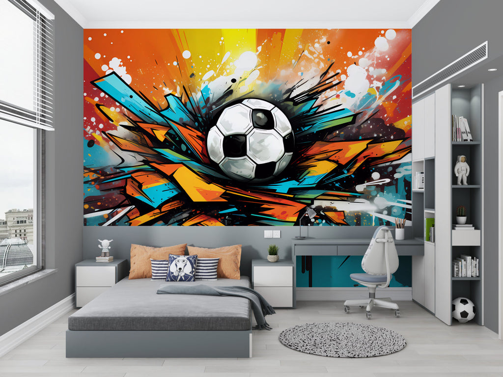 Street art football wallpaper in urban style game room with cozy seating area